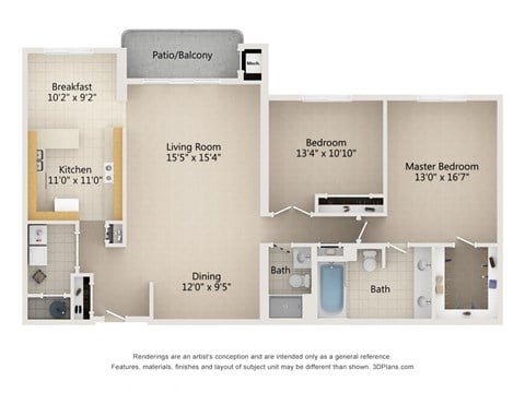 2 Bedroom 2 Bath 1,640 Sq. Ft. Type C Floor Plan at Atrium in The Village, Beachwood, 44122